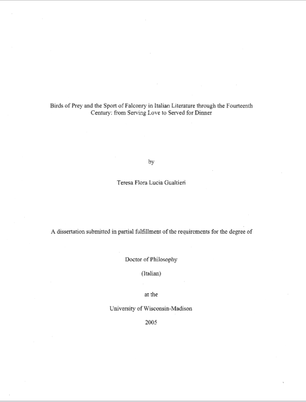 Birds of Prey and the Sport of Falconry in Italian Literature through the Fourteenth Century: from S